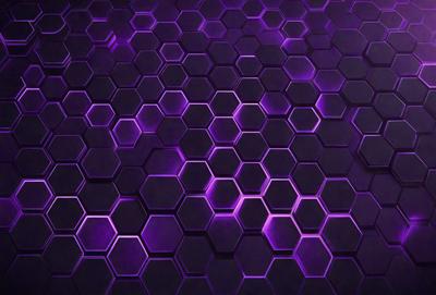 The primary subject of the image is a purple hexagonal pattern. The setting is a dark background, which contrasts with the purple hexagons. The visual style is a close-up of the hexagonal pattern, showcasing its intricate details. The colors and mood of the image are predominantly purple, creating a calm and soothing atmosphere.
