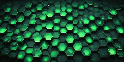 The primary subject of the image is a close-up of a green hexagonal pattern. The setting is a dark background, which contrasts with the bright green hexagons. The visual style appears to be a digital art or illustration, as the hexagons are arranged in a visually appealing manner. The dominant colors are green and black, creating a mood of depth and intrigue.