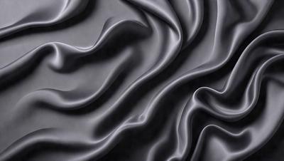 The primary subject of the image is a close-up of a black fabric, possibly a piece of clothing or a curtain. The setting is a dark room, and the visual style appears to be a photo. The dominant colors are black and grey, creating a moody atmosphere.