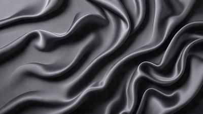 The primary subject of the image is a close-up of a black fabric, possibly a piece of silk or velvet. The setting is a dark background, which emphasizes the fabric's texture and pattern. The visual style is a close-up, which highlights the fabric's intricate details. The colors and mood of the image are predominantly dark, with the black fabric serving as the main focus.