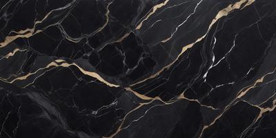 The primary subject of the image is a black and gold marble pattern. The setting is a black background, and the visual style appears to be a digital art or illustration. The dominant colors are black and gold, creating a luxurious and elegant atmosphere.