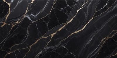 The primary subject of the image is a marble countertop with a black and gold pattern. The setting is a kitchen, and the visual style is a close-up of the countertop. The dominant colors are black and gold, creating a luxurious and elegant atmosphere.