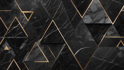 The primary subject of the image is a black and gold marble pattern. The setting is a black and white marble surface, which serves as the background. The visual style is a combination of a photo and digital art, creating a unique and intricate pattern. The colors and mood of the image are predominantly black and gold, giving it a sophisticated and elegant appearance.