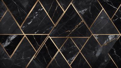 The primary subject of the image is a black and gold marble pattern. The setting is a black and gold marble wall, which serves as the background. The visual style is a combination of a photo and digital art, creating a unique and intricate pattern. The colors and mood of the image are predominantly black and gold, giving it a luxurious and elegant appearance.