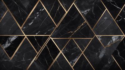 The primary subject of the image is a black and gold marble pattern. The setting is a black and gold marble wall, which serves as the background. The visual style is a combination of a photo and digital art, creating a unique and intricate pattern. The colors and mood of the image are predominantly black and gold, giving it a luxurious and elegant appearance.
