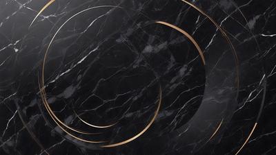 The primary subject of the image is a marble surface with a pattern of gold circles. The setting is a dark room, and the visual style appears to be a combination of a photo and digital art. The dominant colors are black and gold, creating a sophisticated and elegant atmosphere.