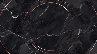 The primary subject of the image is a marble countertop with a gold circle in the middle. The setting is a black background, which contrasts with the gold circle. The visual style is a close-up of the marble countertop, showcasing the intricate design of the gold circle. The colors and mood of the image are elegant and sophisticated, with the gold circle serving as a focal point against the dark background.