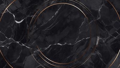 The primary subject of the image is a black marble countertop with a gold circle in the center. The setting is a kitchen, and the visual style is a close-up of the marble countertop. The colors and mood of the image are predominantly black and gold, giving it a luxurious and elegant appearance.