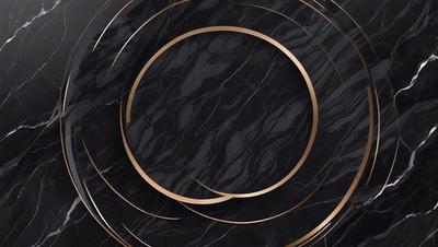 The primary subject of the image is a black marble surface with a gold circle on it. The setting is a black background, and the visual style appears to be a photo. The colors and mood of the image are predominantly dark, with the gold circle adding a touch of warmth and contrast.