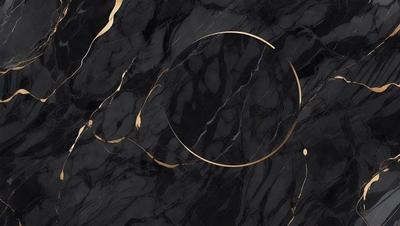 The primary subject of the image is a black marble countertop with a gold circle design. The setting is a kitchen, and the visual style is a close-up of the marble countertop. The colors and mood of the image are predominantly black and gold, creating a luxurious and elegant atmosphere.