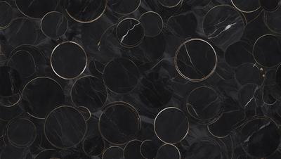 The primary subject of the image is a black and gold marble pattern. The setting is a black background, and the visual style is a close-up of the marble pattern. The dominant colors are black and gold, creating a sophisticated and elegant atmosphere.