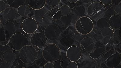 The primary subject of the image is a black and gold marble pattern. The setting is a black background, and the visual style is a patterned design. The dominant colors are black and gold, creating a sophisticated and elegant atmosphere.