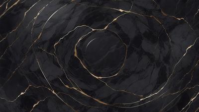 The primary subject of the image is a black marble countertop with a gold design. The setting is a kitchen, and the visual style is a close-up of the marble countertop. The colors and mood of the image are dark and elegant, with the gold accents adding a touch of luxury.