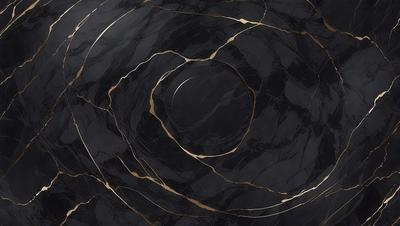 The primary subject of the image is a black marble countertop with a gold design. The setting is a kitchen, and the visual style is a close-up of the marble countertop. The dominant colors are black and gold, creating a luxurious and elegant atmosphere.