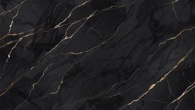 The primary subject of the image is a marble countertop with a black and gold pattern. The setting is a kitchen, and the visual style is a close-up of the countertop. The dominant colors are black and gold, creating a luxurious and elegant atmosphere.