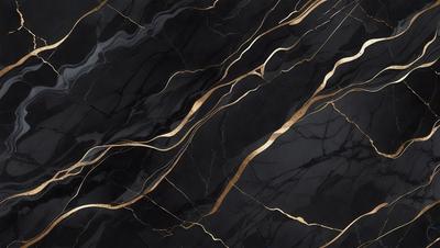 The primary subject of the image is a black and gold marble countertop. The setting is a kitchen, with the countertop being the main focus of the scene. The visual style is a close-up of the marble countertop, showcasing its intricate patterns and textures. The dominant colors are black and gold, creating a luxurious and elegant atmosphere.