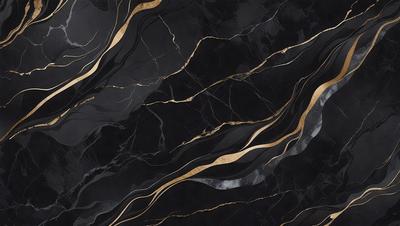 The primary subject of the image is a marble countertop with a gold and black pattern. The setting is a kitchen, and the visual style is a close-up of the countertop. The dominant colors are gold and black, creating a luxurious and elegant atmosphere.