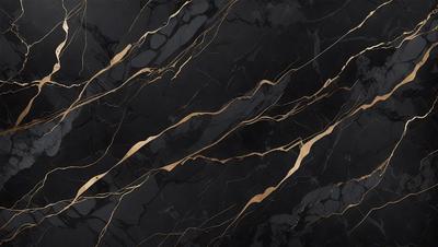 The primary subject of the image is a marble countertop with a gold-colored design. The setting is a kitchen, and the visual style is a close-up of the marble countertop. The colors and mood of the image are predominantly black and gold, giving it a luxurious and elegant appearance.