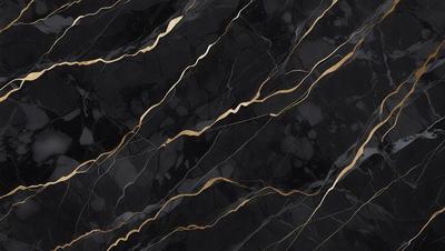 The primary subject of the image is a black and gold marble tile. The setting is a black and gold marble wall, which serves as the background. The visual style is a close-up of the marble tile, showcasing its intricate patterns and textures. The colors and mood of the image are predominantly black and gold, creating a luxurious and elegant atmosphere.