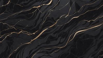 The primary subject of the image is a black and gold marble countertop. The setting is a kitchen, with the countertop being the main focus of the scene. The visual style is a close-up of the marble countertop, showcasing its intricate patterns and textures. The dominant colors are black and gold, creating a luxurious and elegant atmosphere.