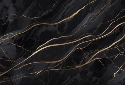 The primary subject of the image is a black marble countertop with gold streaks. The setting is a kitchen, and the visual style is a close-up of the marble countertop. The dominant colors are black and gold, creating a luxurious and elegant atmosphere.
