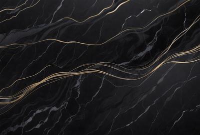 The primary subject of the image is a black marble countertop with a pattern of gold streaks. The setting is a kitchen, and the visual style is a close-up of the marble countertop. The colors and mood of the image are predominantly black and gold, creating a luxurious and elegant atmosphere.