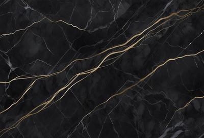 The primary subject of the image is a black and gold marble tile. The setting is a black and gold marble wall, which serves as the background. The visual style is a close-up of the marble tile, showcasing its intricate design. The colors and mood of the image are predominantly black and gold, creating a luxurious and elegant atmosphere.