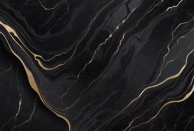 The primary subject of the image is a close-up of a marble countertop with a black and gold pattern. The setting is a kitchen, and the visual style is a photo. The dominant colors are black and gold, creating a luxurious and elegant atmosphere.