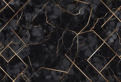 The primary subject of the image is a marble countertop with a gold pattern. The setting is a kitchen, and the visual style is a close-up of the marble countertop. The dominant colors are black and gold, creating a luxurious and elegant atmosphere.