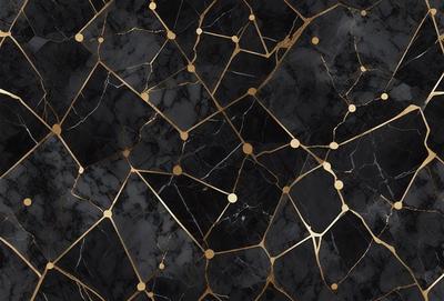 The primary subject of the image is a black and gold marble pattern. The setting is a black background, and the visual style is a patterned texture. The dominant colors are black and gold, creating a sophisticated and elegant atmosphere.