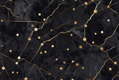 The primary subject of the image is a black marble surface with gold dots. The setting is a black background, and the visual style is a close-up of the marble surface. The dominant colors are black and gold, creating a sophisticated and elegant atmosphere.
