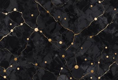 The primary subject of the image is a black marble surface with gold dots. The setting is a black background, and the visual style is a close-up of the marble surface. The dominant colors are black and gold, creating a luxurious and elegant atmosphere.