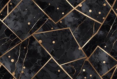 The primary subject of the image is a black and gold marble pattern. The setting is a black and gold marble surface, which serves as the background. The visual style is a combination of a photo and digital art, creating a unique and intricate pattern. The dominant colors are black and gold, giving the image a luxurious and elegant appearance.