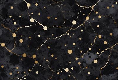 The primary subject of the image is a black and gold marble-like surface with a pattern of gold dots. The setting is a black background, and the visual style appears to be a combination of a photo and digital art. The dominant colors are black and gold, creating a luxurious and elegant atmosphere.