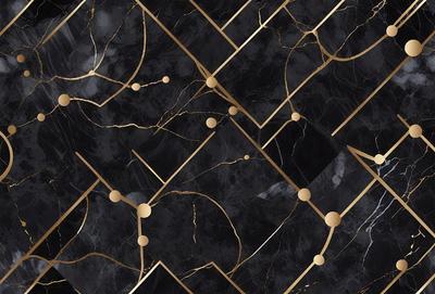 The primary subject of the image is a black and gold marble pattern. The setting is a black and gold marble surface, which serves as the background. The visual style is a combination of a photo and digital art, creating a unique and intricate pattern. The dominant colors are black and gold, giving the image a luxurious and elegant appearance.