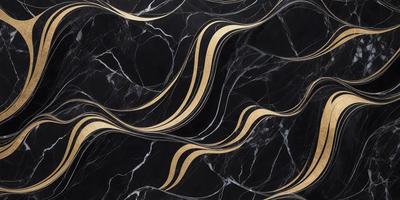 The primary subject of the image is a black and gold marble pattern. The setting is a black background, and the visual style appears to be a combination of a photo and digital art. The dominant colors are black and gold, creating a luxurious and elegant atmosphere.