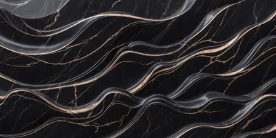 The primary subject of the image is a marble countertop with a black and gold pattern. The setting is a kitchen, and the visual style is a close-up of the countertop. The colors and mood of the image are predominantly black and gold, giving it a luxurious and elegant appearance.