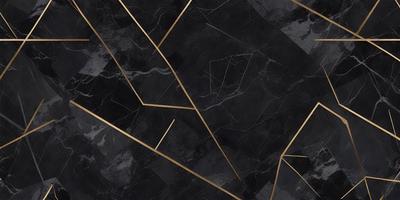 The primary subject of the image is a black and gold marble tile pattern. The setting is a black and gold marble tile floor, which serves as the background. The visual style is a close-up of the marble tile pattern, showcasing the intricate design. The colors and mood of the image are predominantly black and gold, giving it a luxurious and elegant appearance.
