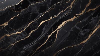 The primary subject of the image is a marble countertop with a gold-colored design. The setting is a kitchen, and the visual style is a close-up of the marble countertop. The colors and mood of the image are predominantly black and gold, giving it a luxurious and elegant appearance.