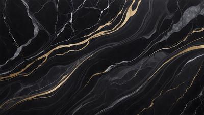 The primary subject of the image is a black and gold marble countertop. The setting is a kitchen, with the countertop being the main focus of the scene. The visual style is a close-up of the marble countertop, showcasing its intricate patterns and textures. The dominant colors are black and gold, creating a luxurious and elegant atmosphere.