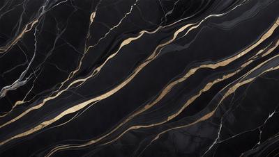 The primary subject of the image is a marble countertop with a black and gold pattern. The setting is a kitchen, and the visual style is a close-up of the countertop. The dominant colors are black and gold, creating a luxurious and elegant atmosphere.