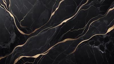 The primary subject of the image is a black and gold marble countertop. The setting is a kitchen, with the countertop being the main focus of the scene. The visual style is a combination of photo and digital art, creating a unique and eye-catching design. The dominant colors are black and gold, giving the countertop a luxurious and elegant appearance.