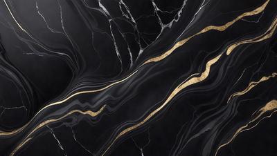 The primary subject of the image is a black and gold marble countertop. The setting is a kitchen, with the countertop being the main focus of the scene. The visual style is a combination of photo and digital art, creating a unique and eye-catching design. The dominant colors are black and gold, giving the countertop a luxurious and elegant appearance.