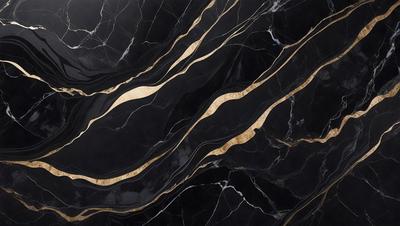 The primary subject of the image is a black and gold marble pattern. The setting is a black marble countertop, and the visual style is a close-up of the marble pattern. The dominant colors are black and gold, creating a luxurious and elegant atmosphere.