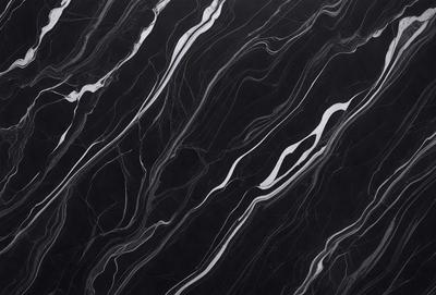 The primary subject of the image is a black and white marble pattern. The setting is a black background, and the visual style is a close-up of the marble pattern. The colors and mood of the image are predominantly black and white, creating a classic and elegant atmosphere.
