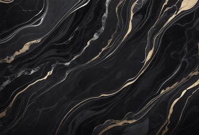 The primary subject of the image is a black and gold marble pattern. The setting is a black background, and the visual style appears to be a combination of a photo and digital art. The dominant colors are black and gold, creating a luxurious and elegant atmosphere.