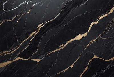 The primary subject of the image is a marble countertop with a gold-colored pattern. The setting is a kitchen, and the visual style is a close-up of the countertop. The colors and mood of the image are predominantly black and gold, giving it a luxurious and elegant appearance.
