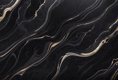 The primary subject of the image is a black marble countertop with a gold vein running through it. The setting is a kitchen, and the visual style is a close-up of the marble countertop. The colors and mood of the image are predominantly black and gold, giving it a luxurious and elegant appearance.