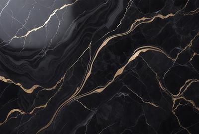 The primary subject of the image is a marble countertop with a gold-colored design. The setting is a kitchen, and the visual style is a close-up of the marble countertop. The colors and mood of the image are predominantly black and gold, giving it a luxurious and elegant appearance.