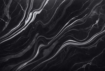 The primary subject of the image is a marble countertop with a black and white pattern. The setting is a kitchen, and the visual style is a close-up of the marble countertop. The colors and mood of the image are predominantly black and white, giving it a classic and elegant appearance.